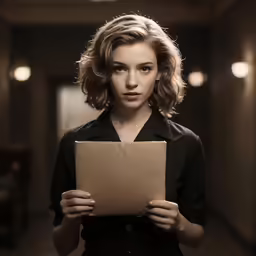 a girl holds a piece of paper in a dark room