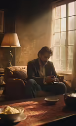 man sitting on couch using cellular phone with plate and bowls on coffee table next to lamp