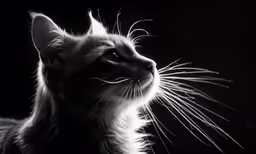 the head of a cat that is looking up
