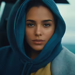 a young woman is wearing a shawl in front of the camera