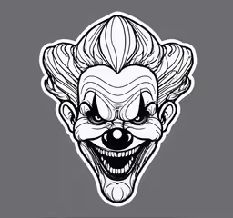 a scary clown wearing a clown mask,an evil clown face with big teeth on grey background