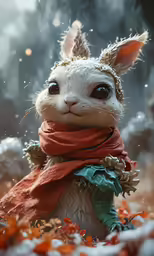 a bunny with big blue eyes is wearing a scarf