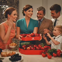 several people with small children are looking at some fruit