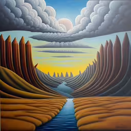 painting of the landscape and mountain,a painting with waves and mountains and water,a painting of a landscape is shown,painting - the valley of creation - abstract landscape with mountains, clouds and river,a painting that is of clouds and water