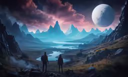 two people standing on a hill staring at a distant space