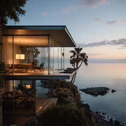 the view from the outside of a house with large windows and trees overlooking the water