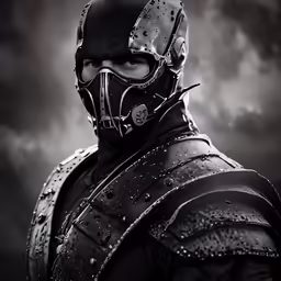 a man with a helmet and a suit on in front of a cloudy sky
