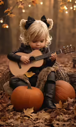 small blonde child dressed up in black and holding a guitar