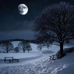 a full moon in the night sky above a snowy park