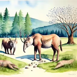a painting of several animals in the wild,an original painting of animals standing in a forest