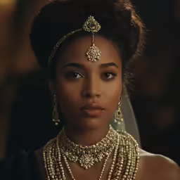 an attractive woman with big hair wearing an elaborate necklace and earrings