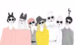 several people with funny hats and sunglasses are standing in front of a wall