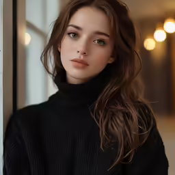 a woman with long hair wearing a black turtle neck