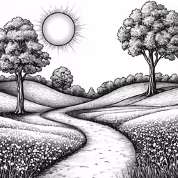 a landscape with trees and a path in the grass