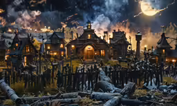a nighttime scene with old fashioned halloween themed town