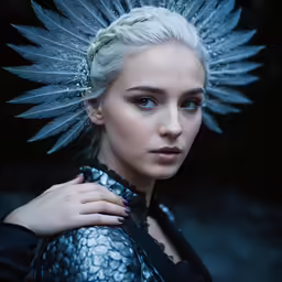 a woman wearing feathered headdress while posing for the camera