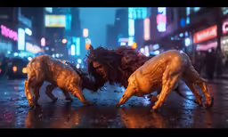there are two bulls playing in the street