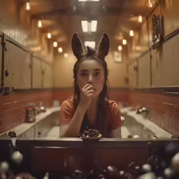 a young girl with bunny ears is sitting in the middle of an old fashioned bathroom