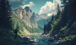 a mountain landscape with water, a stream and rocks