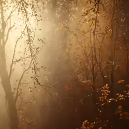 sun light shining through trees and leaves in fog