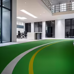 an empty office with green floor and wall colors