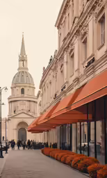 the orange awnings are covering people walking on a city street