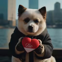 a dog holding a heart shaped pillow near a body of water