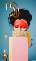 a woman with red, orange and gold makeup on