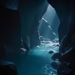 sunlight streaming through a tunnel in the rocks into a body of water