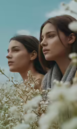 two women stand in a field of wildflowers