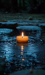 a lit candle floating on water with its reflection