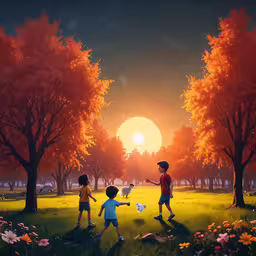 children are in the grass playing with chickens,two children running through the forest in front of a full moon
