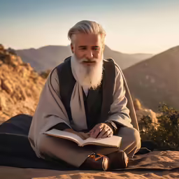 an older man sitting on the ground holding a book