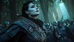 a woman is dressed in a costume and staring up at the sky