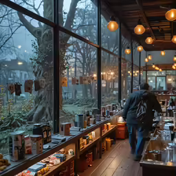 a man walks past shelves full of food