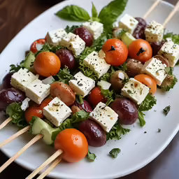 a platter filled with salad and several skewers