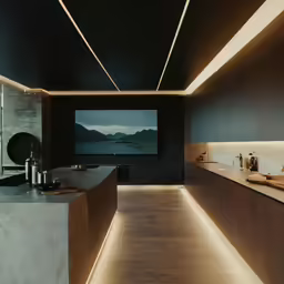 a long counter in a kitchen with black walls