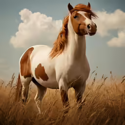 the horse is standing in a field of tall grass