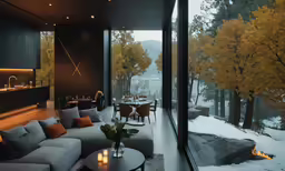 an inviting living room and dining area, overlooking the snowy woods