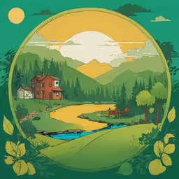 a poster with a house near a stream,a colorful picture of a house with mountains and trees around it