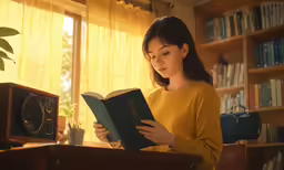 woman reading a book in a library next to a plant