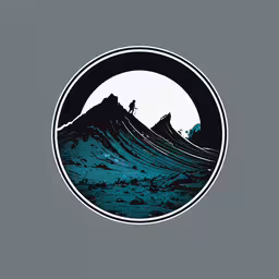 the mountains are painted in the shape of a circle,a sticker depicting a mountain top and waves