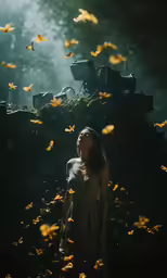 a woman is standing in front of butterflies