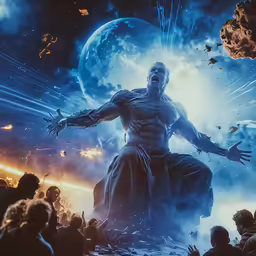 there is a man standing in front of the image