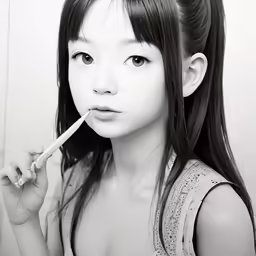 black and white photograph of young asian girl brushing her teeth
