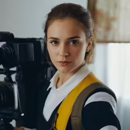 a woman with a camera and a video set