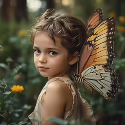 little girl in the forest staring into the camera with butterfly on her head