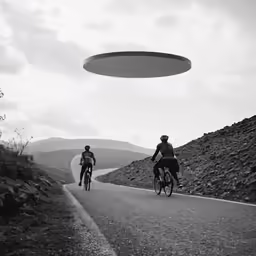 bicycle riders on the road with a disc hovering above them