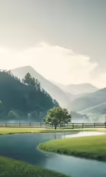 green pasture with trees, and a river