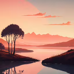 a view of a large body of water at sunset,a painting of the sunset on a calm lake